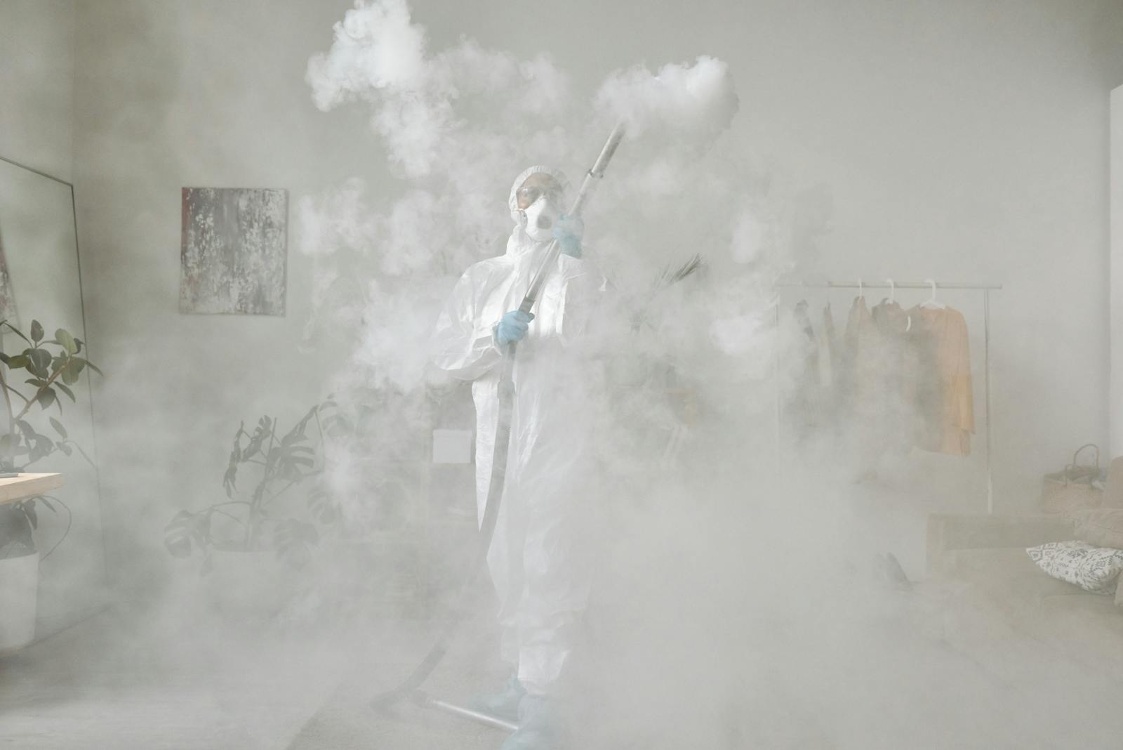 Protective-suit worker fumigating a compact workspace
